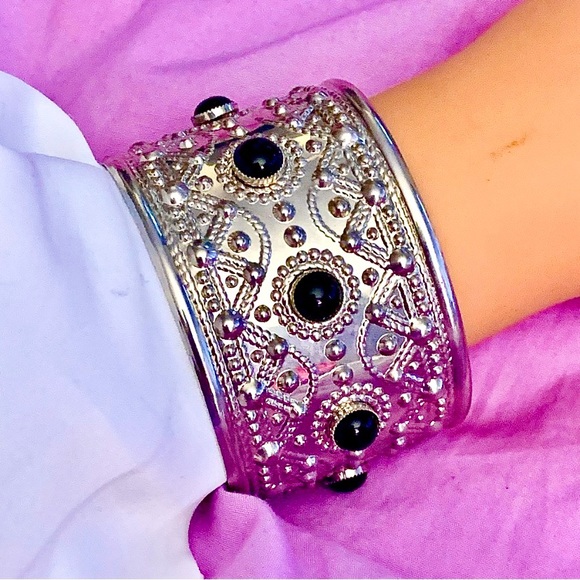 Slip-on Silver tone Wide Cuff Bangle Bracelet. 7.0” Adjustable - Picture 2 of 16